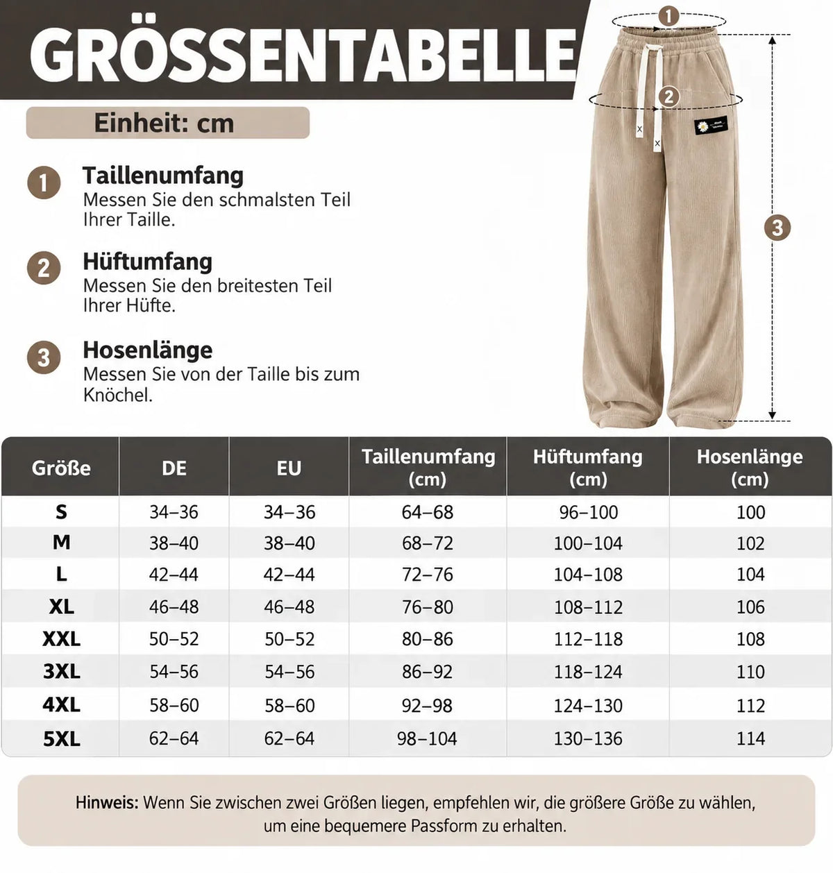 Einfarbige Cordhose für Damen mit geradem Bein