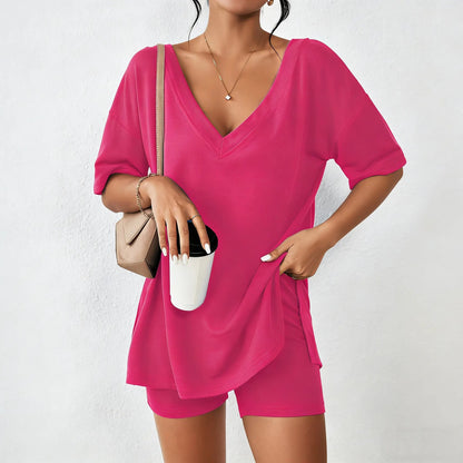 Women's V-Neck 2-Piece Loungewear Set Oversized Split Hem Top & High Waist Biker Shorts Casual Soft Pajamas