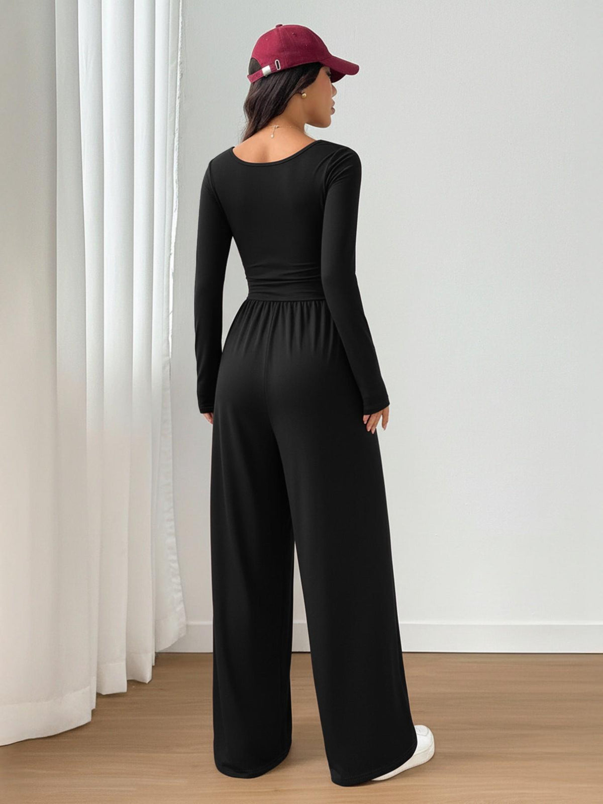 Women's 100% Cotton Long Sleeve Knit Wide-Leg Jumpsuit with Pockets