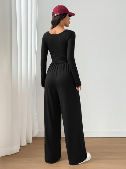 Women's 100% Cotton Long Sleeve Knit Wide-Leg Jumpsuit with Pockets