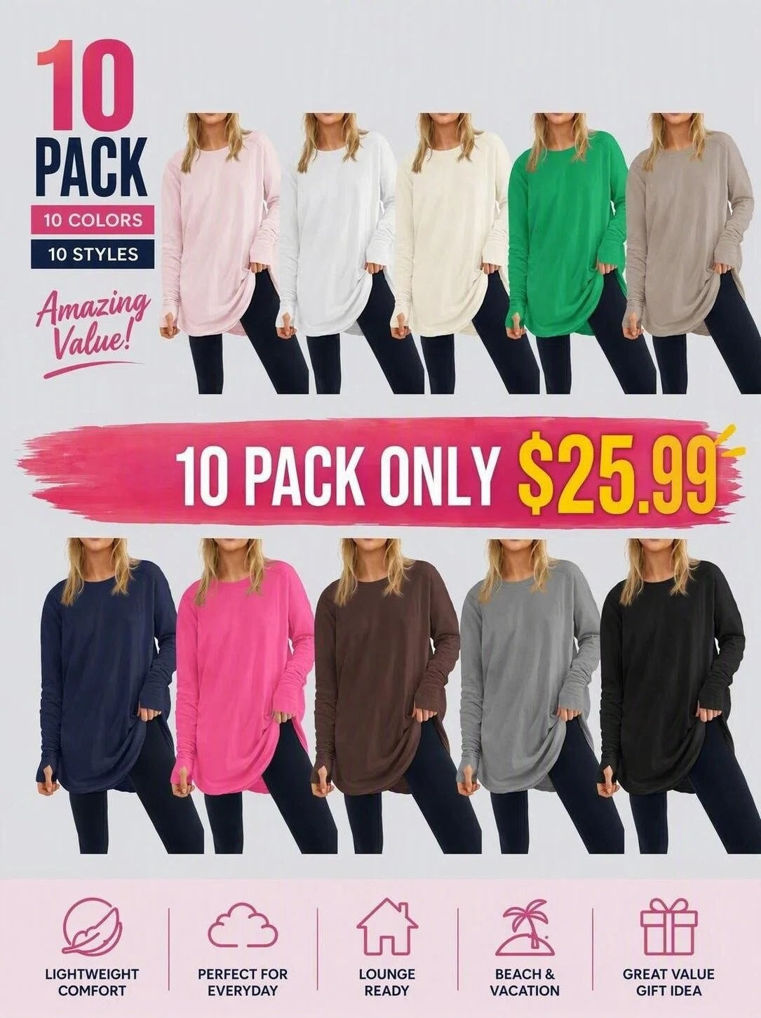 2026 Womens Plus Size Long Sleeve Tunic Tops Crew Neck Loose Fit T Shirts
