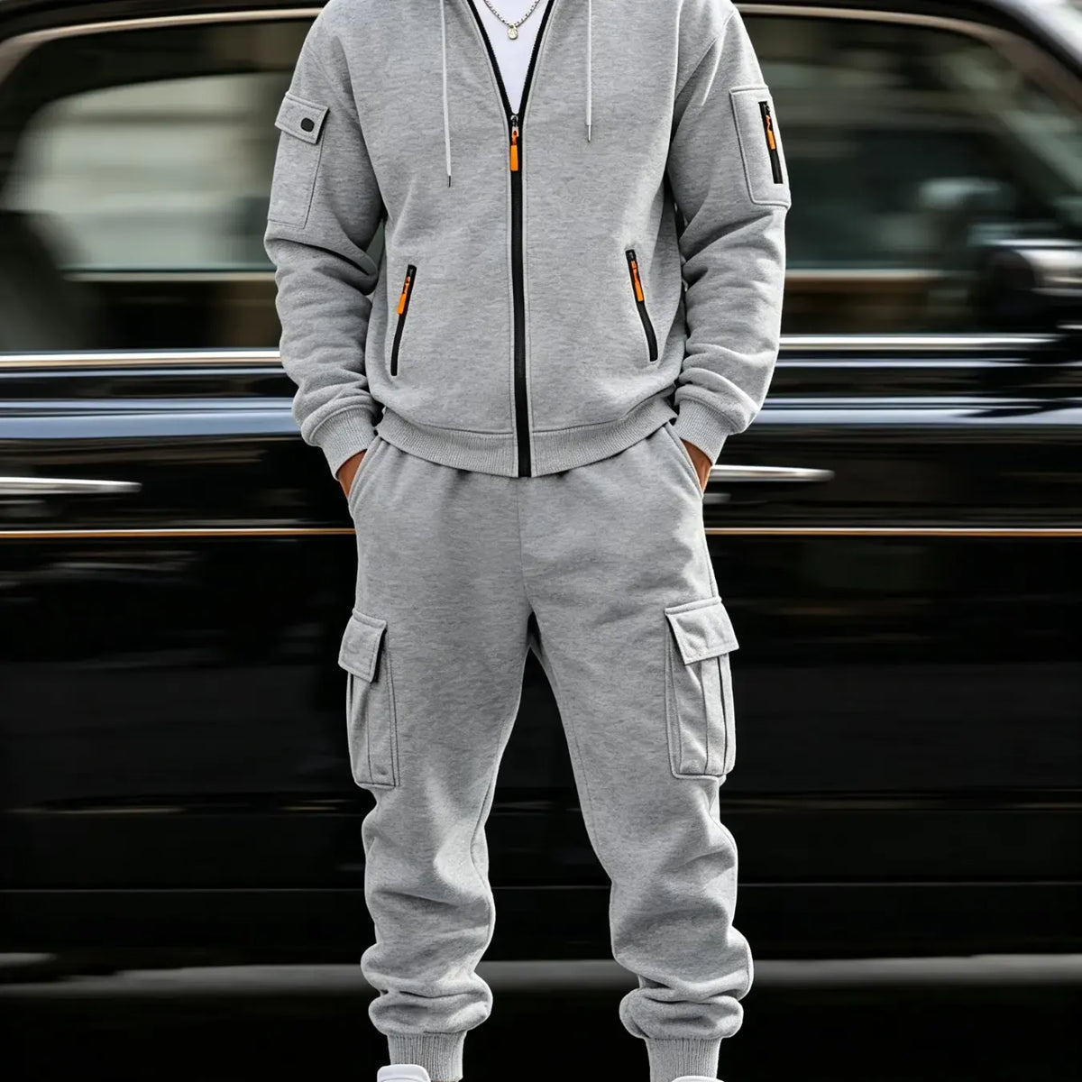Men’s Cargo Tracksuit Set Full‐Zip Hooded Jacket + Pants (Polyester)