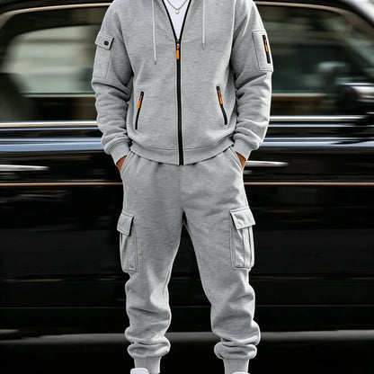 Men’s Cargo Tracksuit Set Full‐Zip Hooded Jacket + Pants (Polyester)