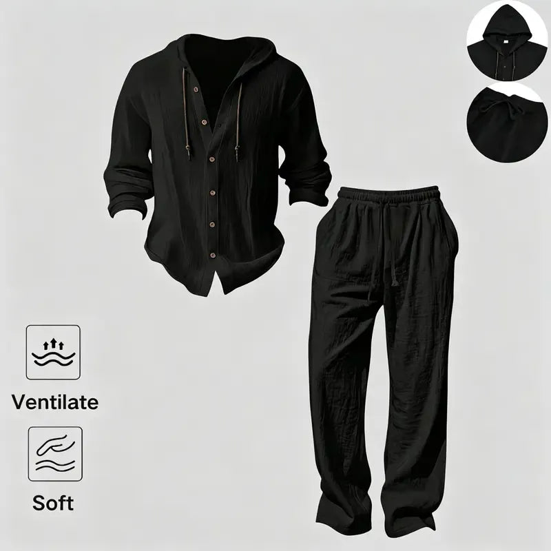 Men's Linen Hooded Two-Piece Set