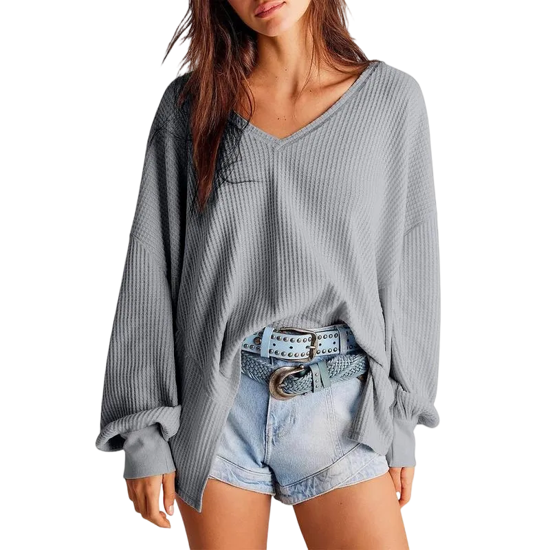 Womens Waffle Knit V Neck Oversized Lantern Sleeve Top