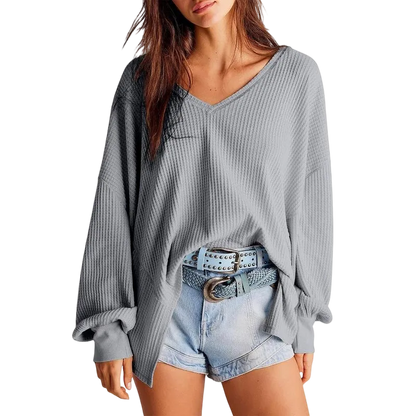 Womens Waffle Knit V Neck Oversized Lantern Sleeve Top