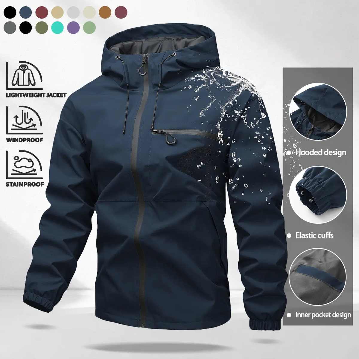 Unisex All-Weather Jacket—Waterproof and Windproof Lightweight Outdoor Hooded Jacket with Adjustable Cuffs