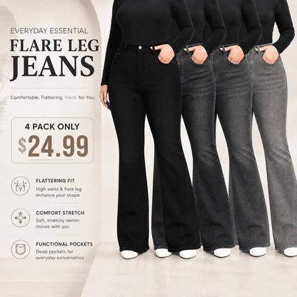 Plus Size Plain Pocket Button Flare Leg Jeans