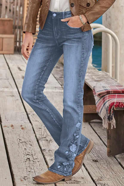 Mid-waist bootcut jeans with floral embroidery