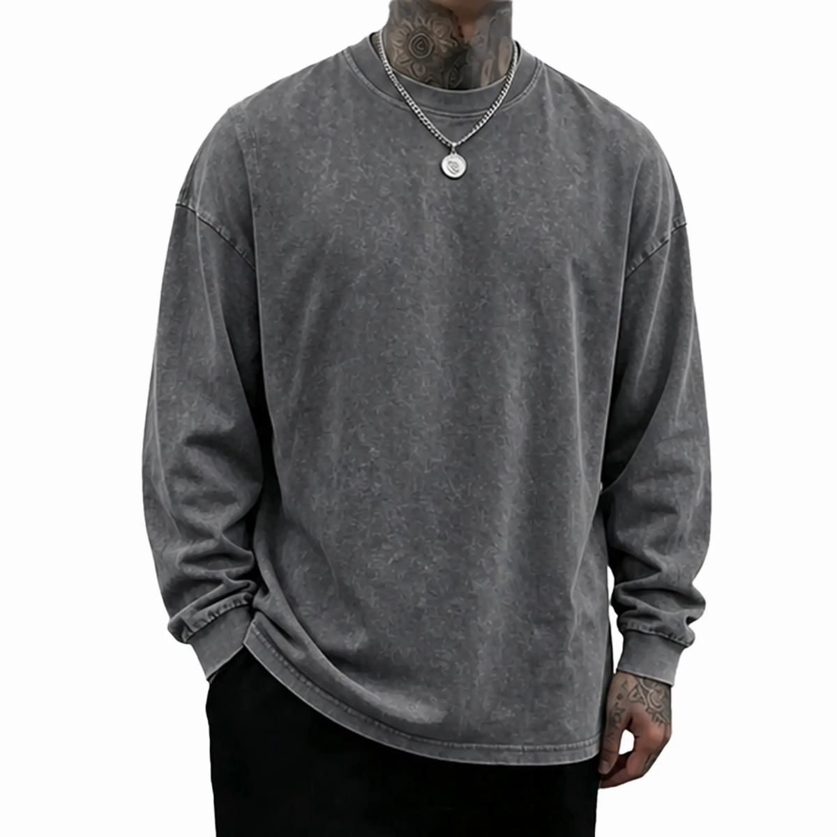 Men's 8-Pack Oversized Washed Long-Sleeve Tee – Unisex Distressed Vintage Crewneck Top