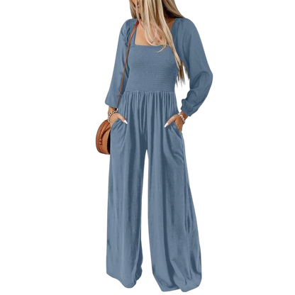 Women's Casual Loose Overalls Jumpsuits One Piece Long Sleeve Wide Leg Long Pant Rompers With Pockets