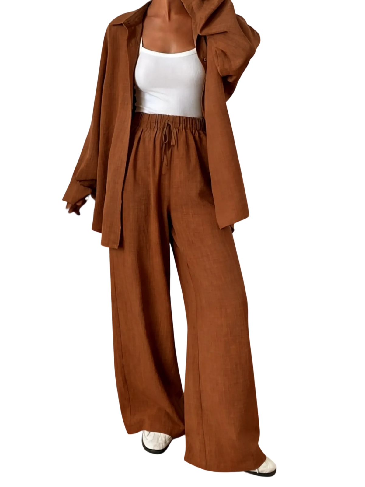 Women's casual athletic-style shirt and pants set—a two-piece ensemble featuring a loose-fitting button-down shirt and wide-leg pants, both comfortable and stylish