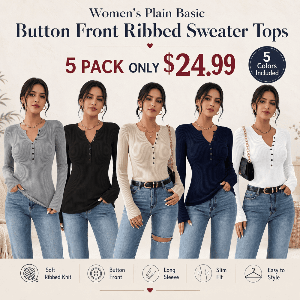 Women's Plain Basic Button Front Ribbed Sweater Tops