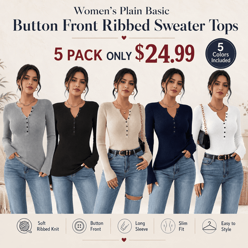Women's Plain Basic Button Front Ribbed Sweater Tops