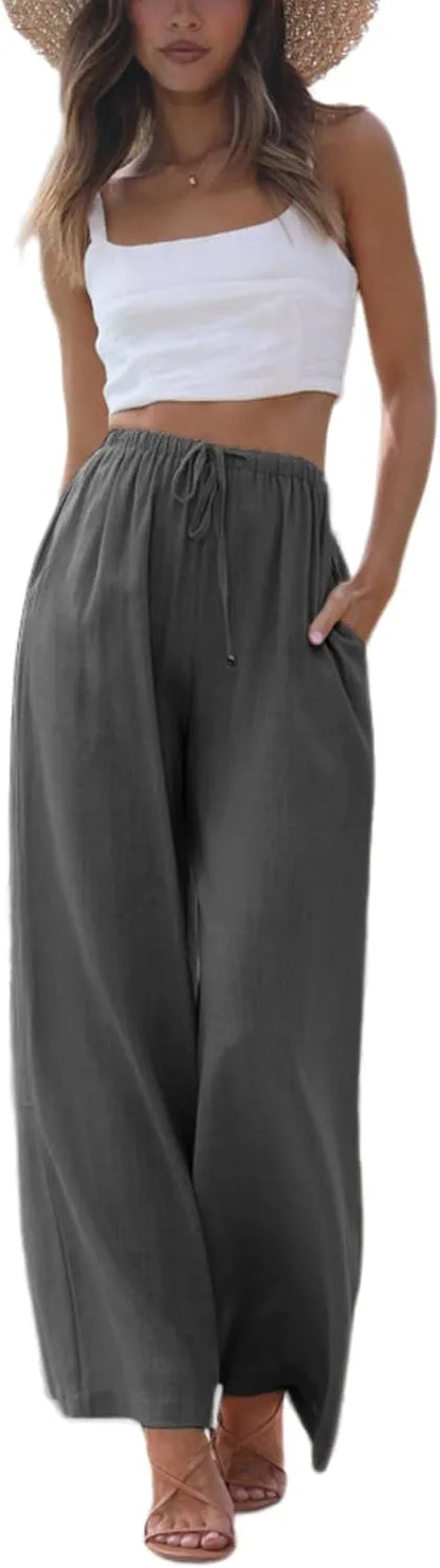 Women's Cotton Linen Summer Palazzo Pants Flowy Wide Leg Beach Trousers with Pockets