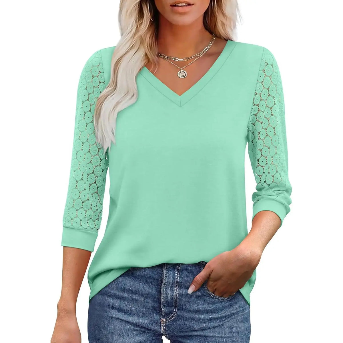 3/4 Length Sleeve Womens Tops V-Neck Lace Tunic Tops Business Casual Blouses 2026 Elegant Womenswear