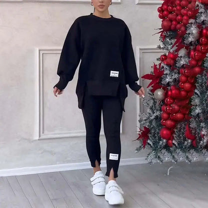 Women's Casual Solid Color Round Neck Long Sleeve Slit Hem Sweatshirt Leggings Set