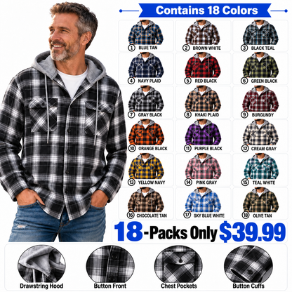 Men's Plaid Zip Up Hoodie Loose Fit American Style Brushed Hooded Sweatshirt