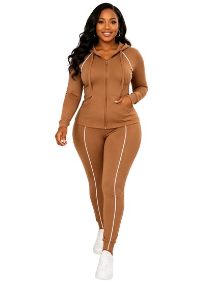 Women's 2-Piece 2026 Autumn/Winter Casual Striped Hooded Jacket & Full-Length Pants Set