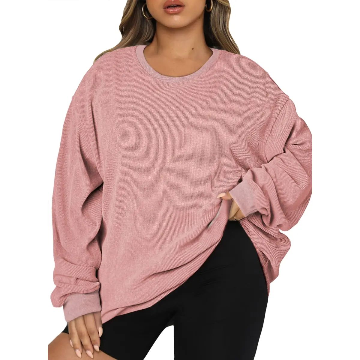 Women's Oversized Corduroy Sweatshirt, Casual Crewneck Long Sleeve Lightweight Pullover