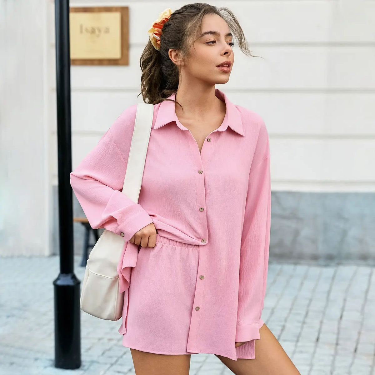 Womens Gauze Shirt & Shorts Set 2-in-1 Button Connected Oversized Long Sleeve Button-Down Top with Attachable Safety Shorts