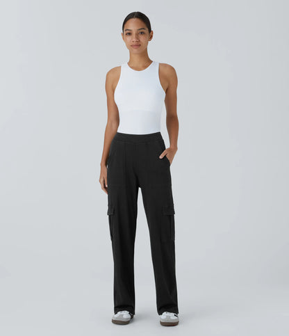 Mid Rise Multi Pockets Straight Leg Stretch Casual Cargo Jeans