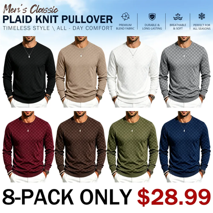Men's Classic Plaid Knit Pullover with Textured Grid Pattern & Long Sleeves