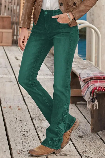 Mid-waist bootcut jeans with floral embroidery