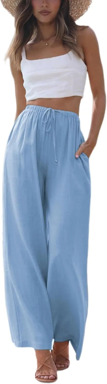 Women's Cotton Linen Summer Palazzo Pants Flowy Wide Leg Beach Trousers with Pockets