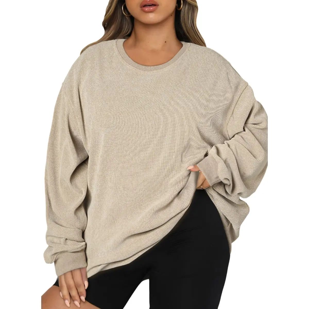 Women's Oversized Corduroy Sweatshirt, Casual Crewneck Long Sleeve Lightweight Pullover