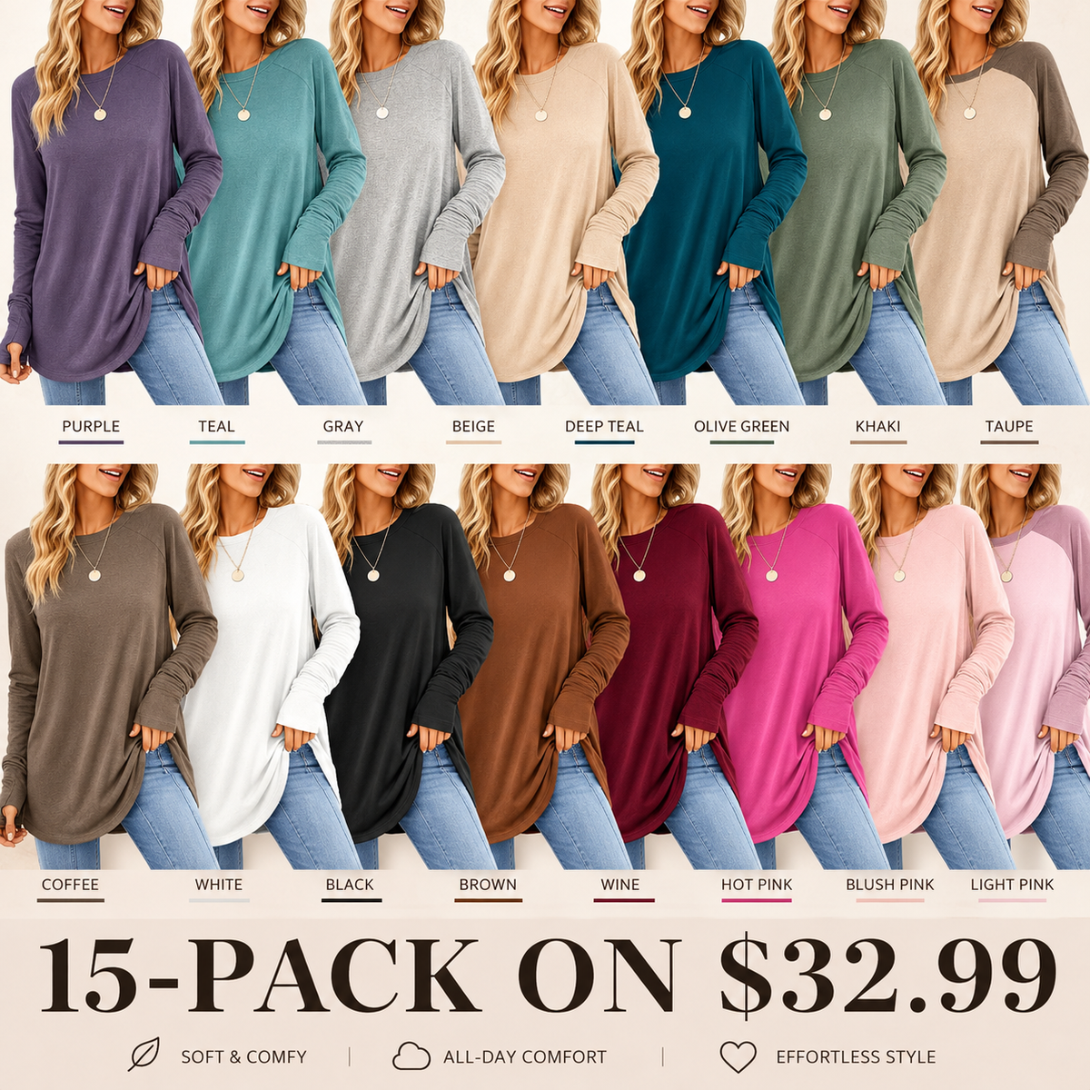 Women's Casual Long Sleeve Tops Crew Neck Round Hem Loose T-Shirts Tunic Tops with Thumb Holes
