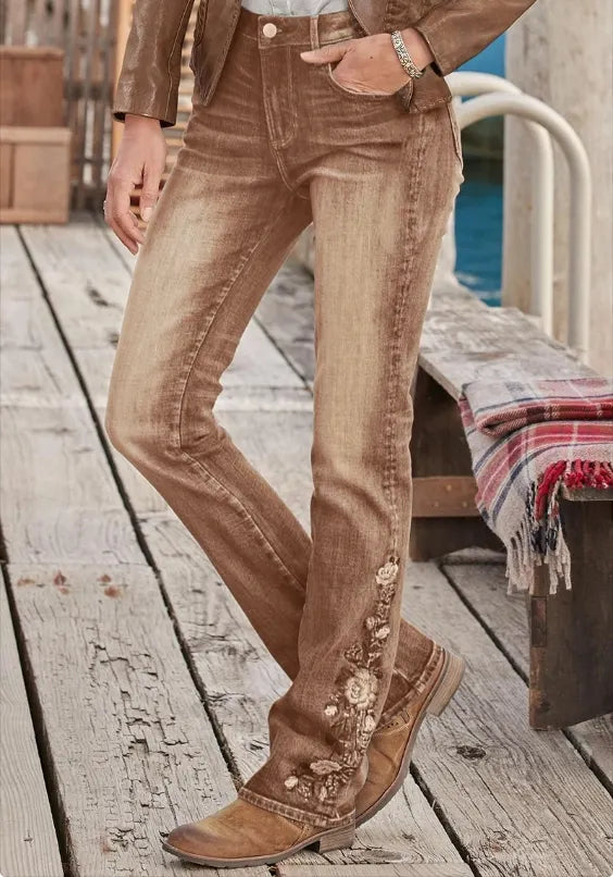 Mid-waist bootcut jeans with floral embroidery