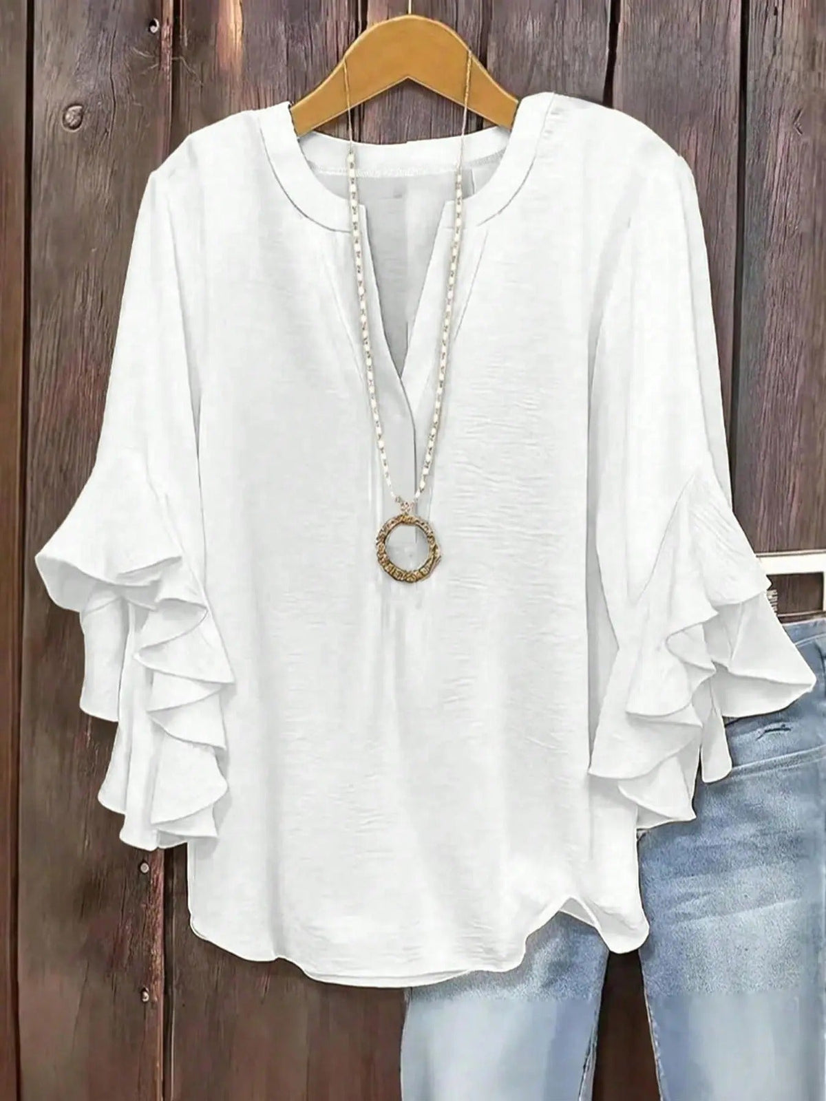 Plus Size Women's Ruffled Sleeve V-Neck Shirt Blouse Tops, Elegant Floral Design