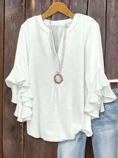 Plus Size Women's Ruffled Sleeve V-Neck Shirt Blouse Tops, Elegant Floral Design