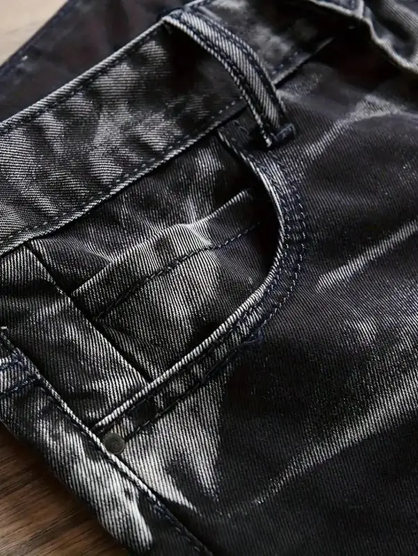 Men's Worn Frayed Tight Waisted Washed Black Denim Jeans – Unique Graphic Design Retro Stretch Casual Streetwear Hip Hop Style