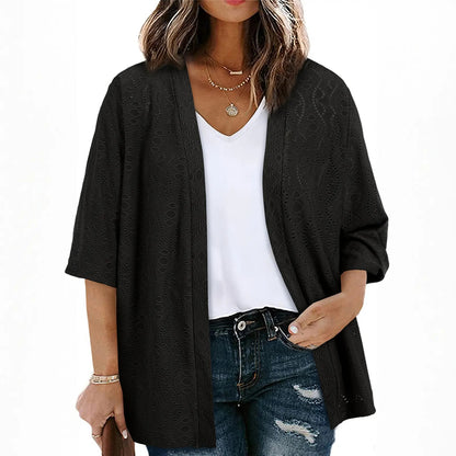 Women's Half Sleeve Jacquard Knit Kimono Cardigan Lightweight Open Front Summer Cover Up
