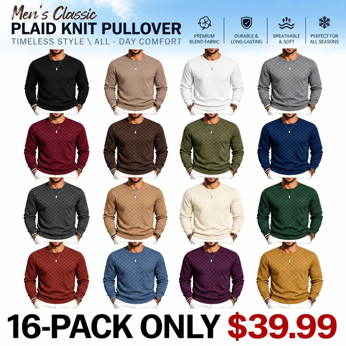 Men's Classic Plaid Knit Pullover with Textured Grid Pattern & Long Sleeves