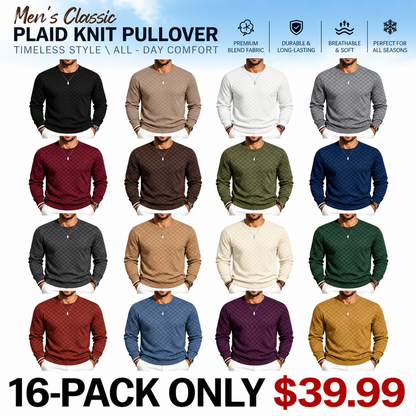 Men's Classic Plaid Knit Pullover with Textured Grid Pattern & Long Sleeves