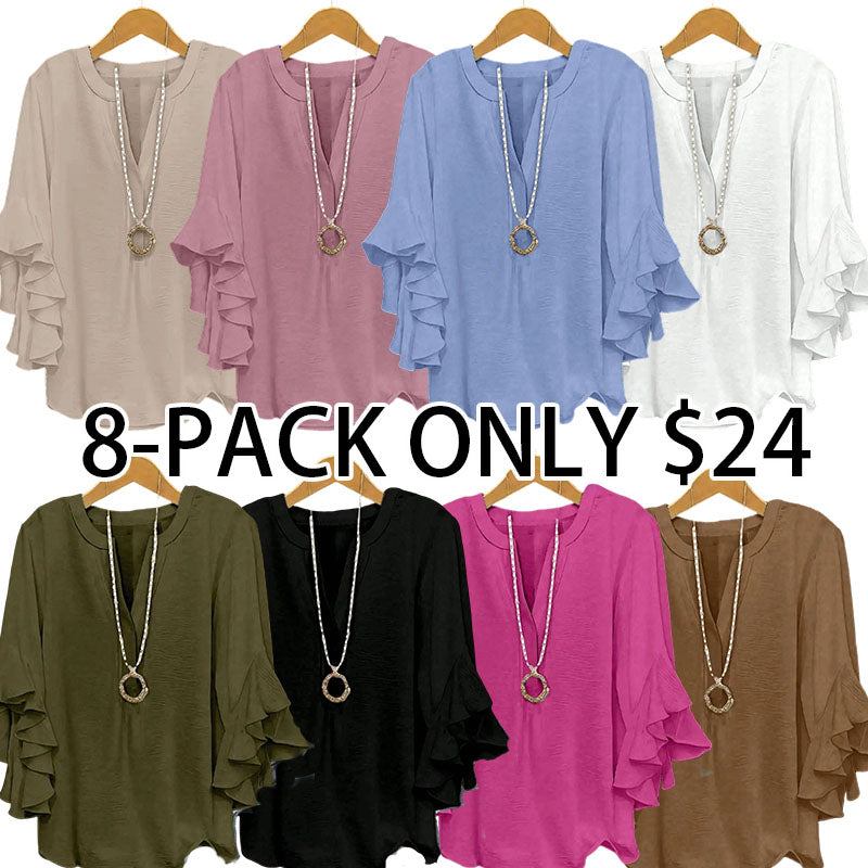Plus Size Women's Ruffled Sleeve V-Neck Shirt Blouse Tops, Elegant Floral Design