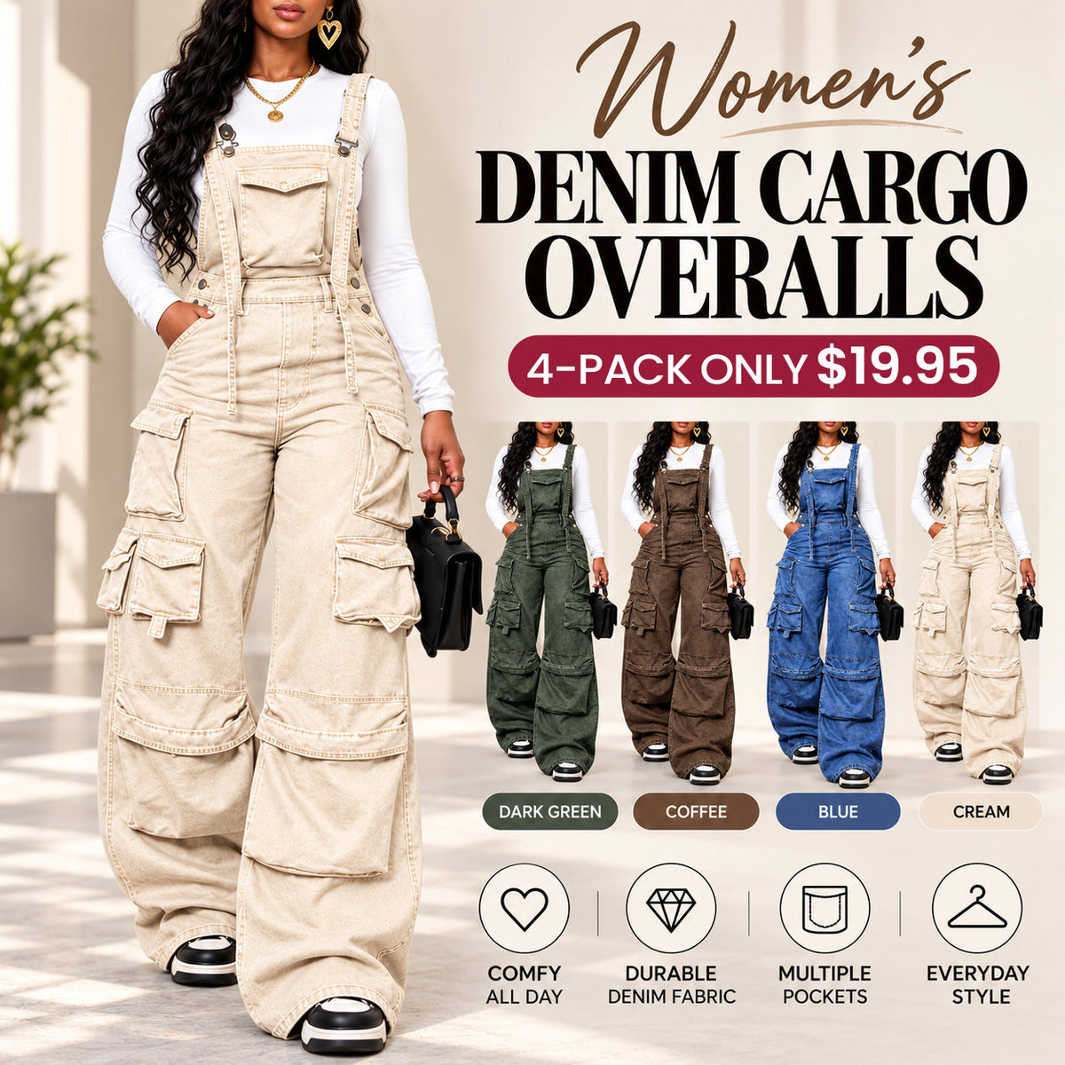 Women's Baggy Vintage Cargo Denim Overalls Jumpsuit