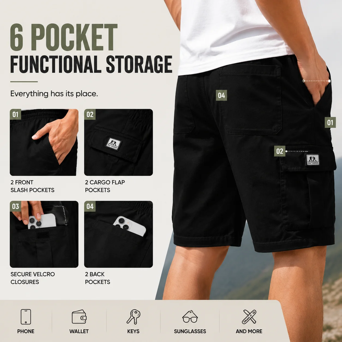Men's Multi-Pocket Drawstring Cargo Shorts — Value Bundle