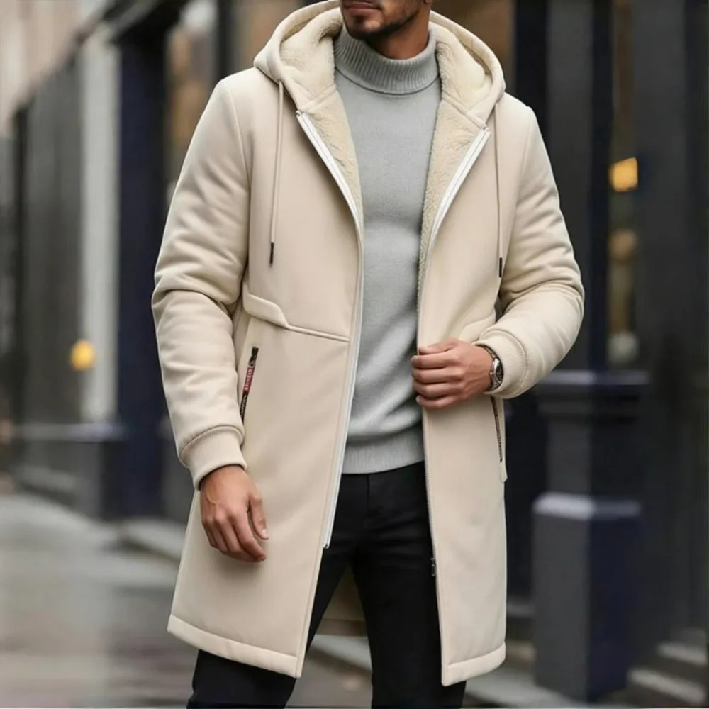 Men's Long Hooded Faux Shearling-Lined Winter Coat