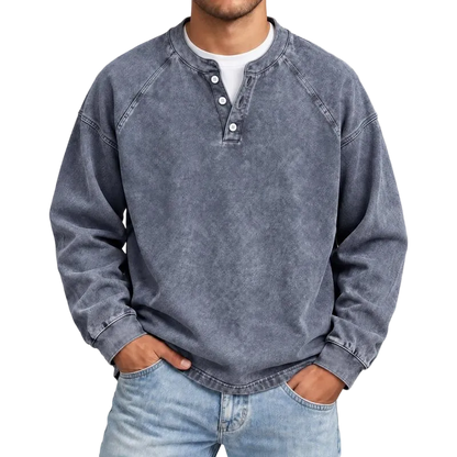 Distressed Washed Cotton Henley Long Sleeve Shirts