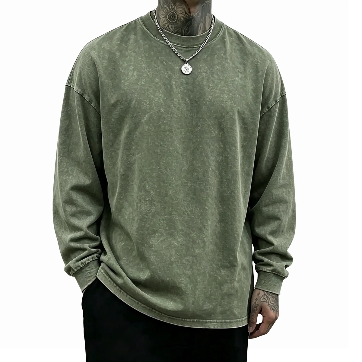 Men's 8-Pack Oversized Washed Long-Sleeve Tee – Unisex Distressed Vintage Crewneck Top