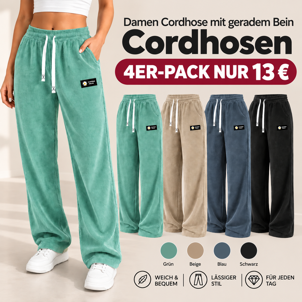 Einfarbige Cordhose für Damen mit geradem Bein
