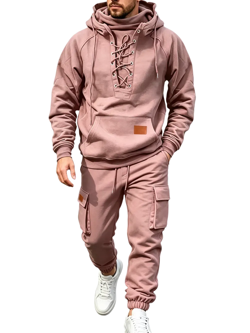 Men's Chest Tie‐Up Hoodie And Multi‐Pocket Ankle‐Cuffed Joggers