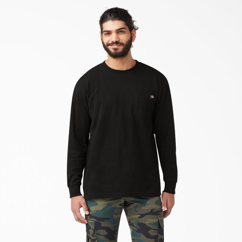 Heavyweight Long Sleeve Pocket T-Shirt,100% Cotton,Long Tail,Tagless Label,Classic Crew Neck,Chest Pocket,Workwear Style