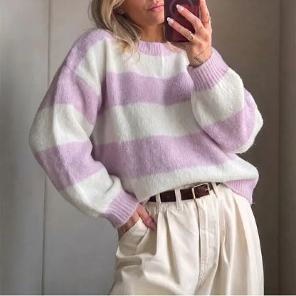 Retro Color Block Stripe Sweater, Oversized Knit Top