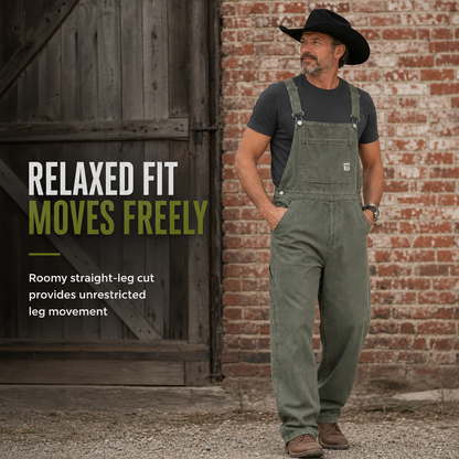 Men's Heavyweight Cotton Denim Overalls Relaxed Fit Straight Leg Dungarees with Multi Pocket Utility