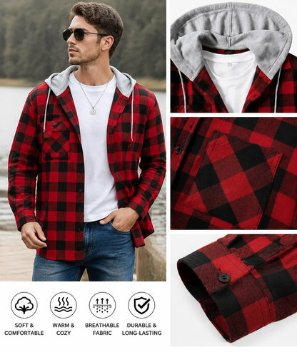Men's Flannel Plaid Hooded Drawstring Jacket with Pockets